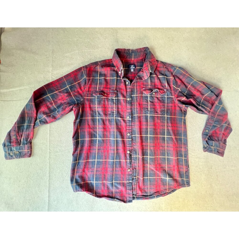 George Mens L Flannel Shirt Plaid Burgundy & Blue 100% Cotton Long Sleeve